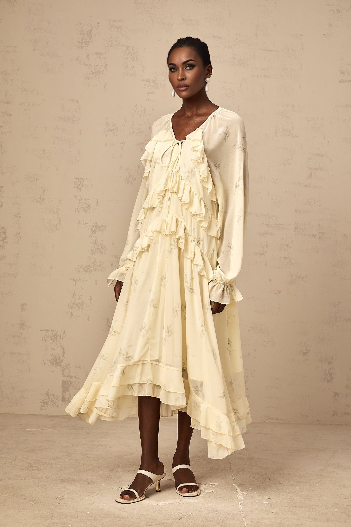Rachel Floral Midi Dress in Light Yellow with V - neck & Puff Sleeves