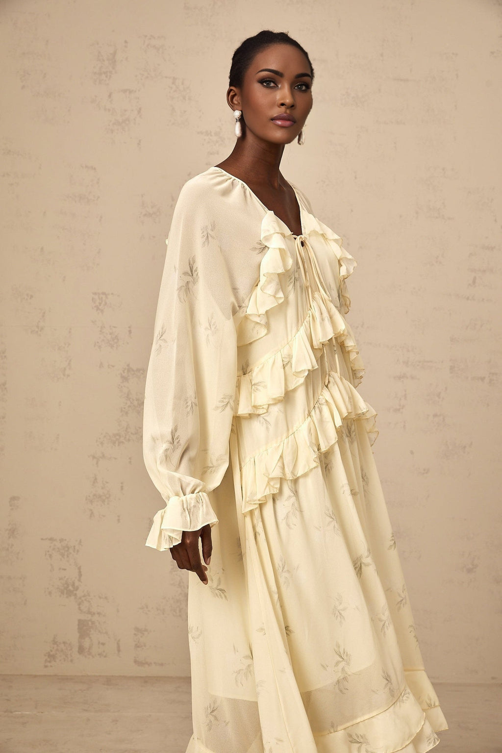Rachel Floral Midi Dress in Light Yellow with V - neck & Puff Sleeves