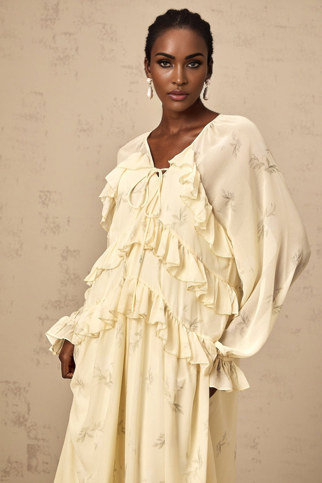 Rachel Floral Midi Dress in Light Yellow with V - neck & Puff Sleeves