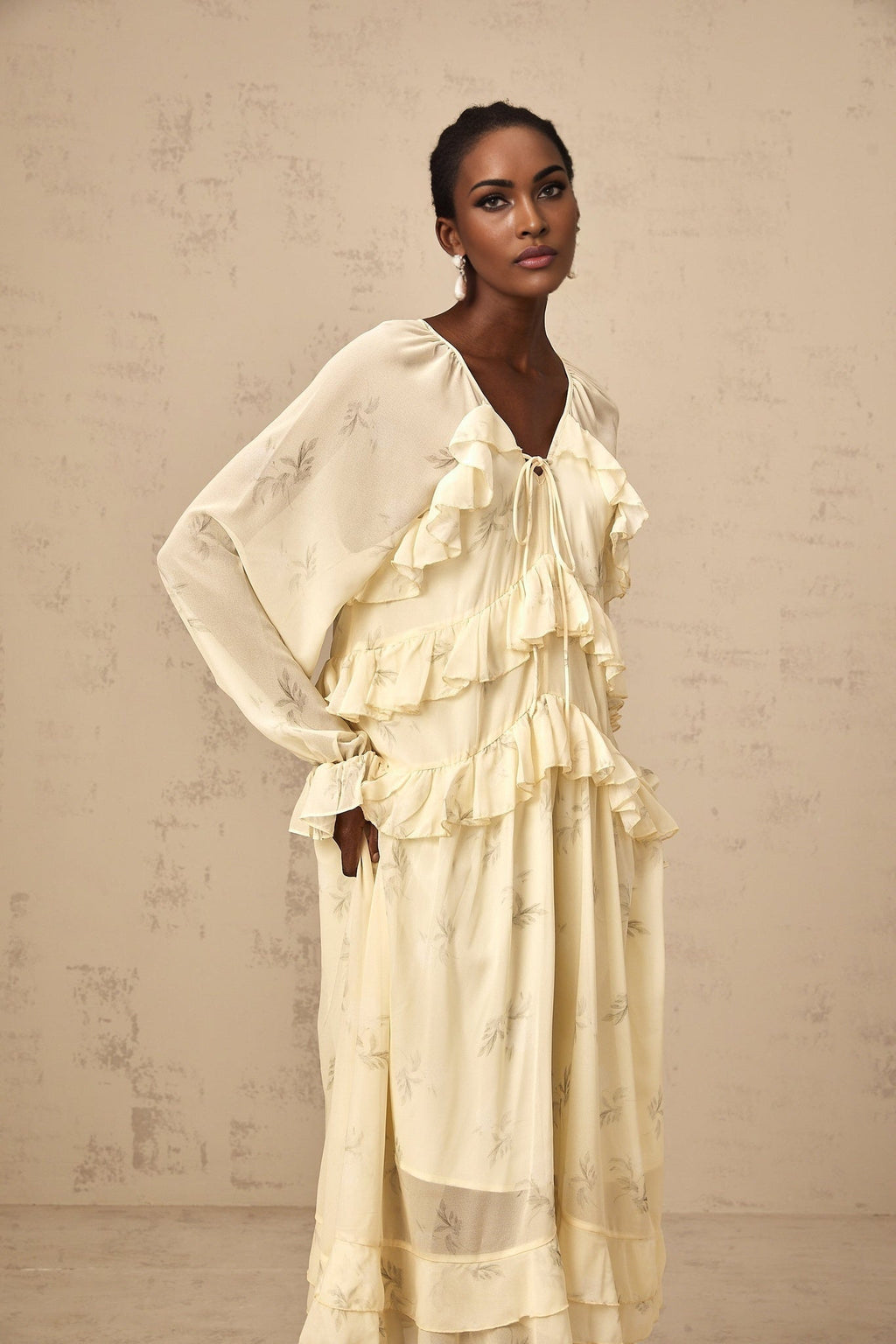 Rachel Floral Midi Dress in Light Yellow with V - neck & Puff Sleeves