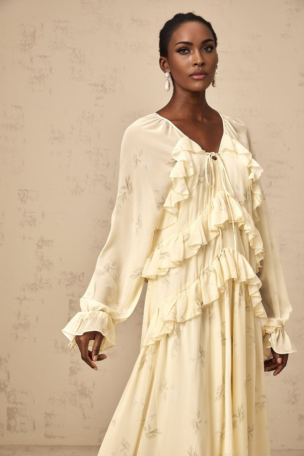 Rachel Floral Midi Dress in Light Yellow with V - neck & Puff Sleeves