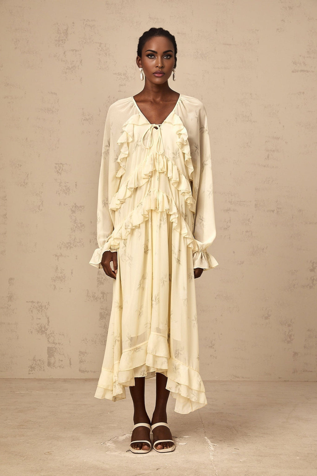 Rachel Floral Midi Dress in Light Yellow with V - neck & Puff Sleeves