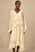 Rachel Floral Midi Dress in Light Yellow with V - neck & Puff Sleeves