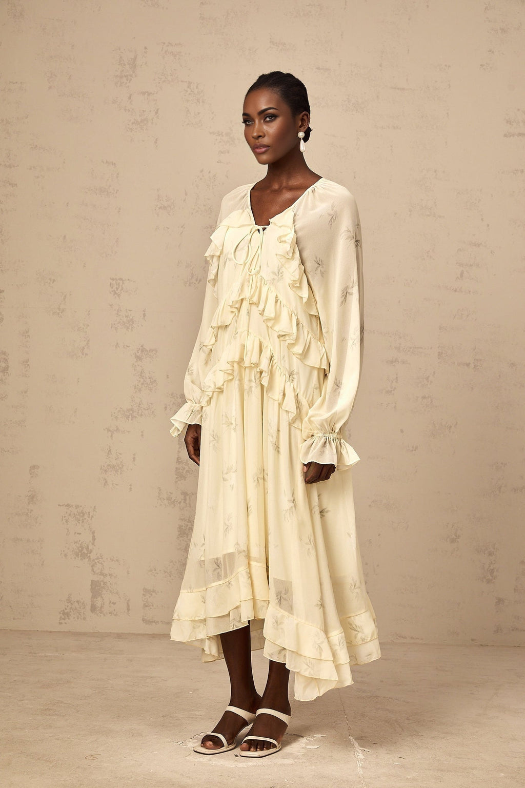 Rachel Floral Midi Dress in Light Yellow with V - neck & Puff Sleeves