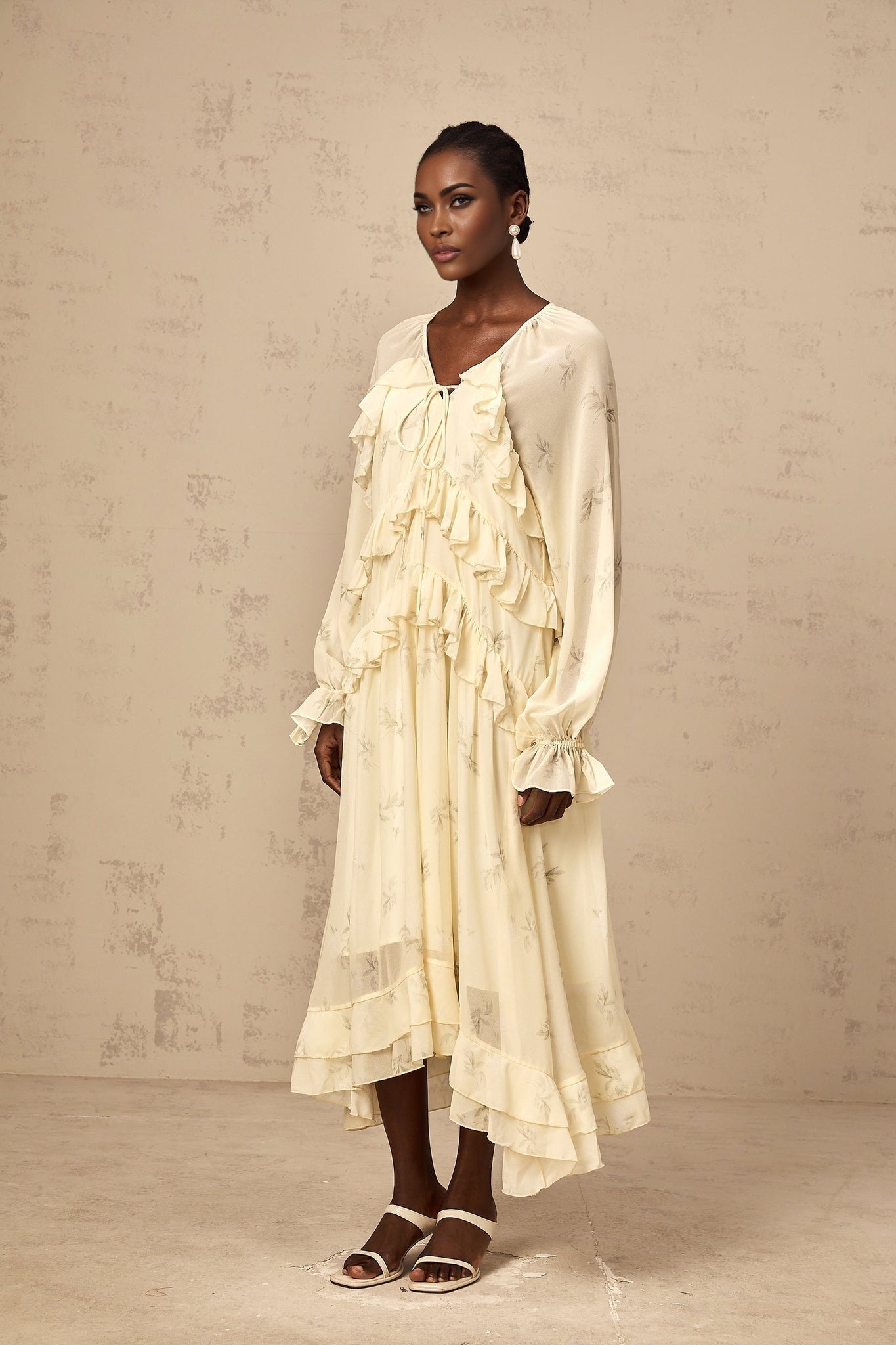 Rachel Floral Midi Dress in Light Yellow with V - neck & Puff Sleeves
