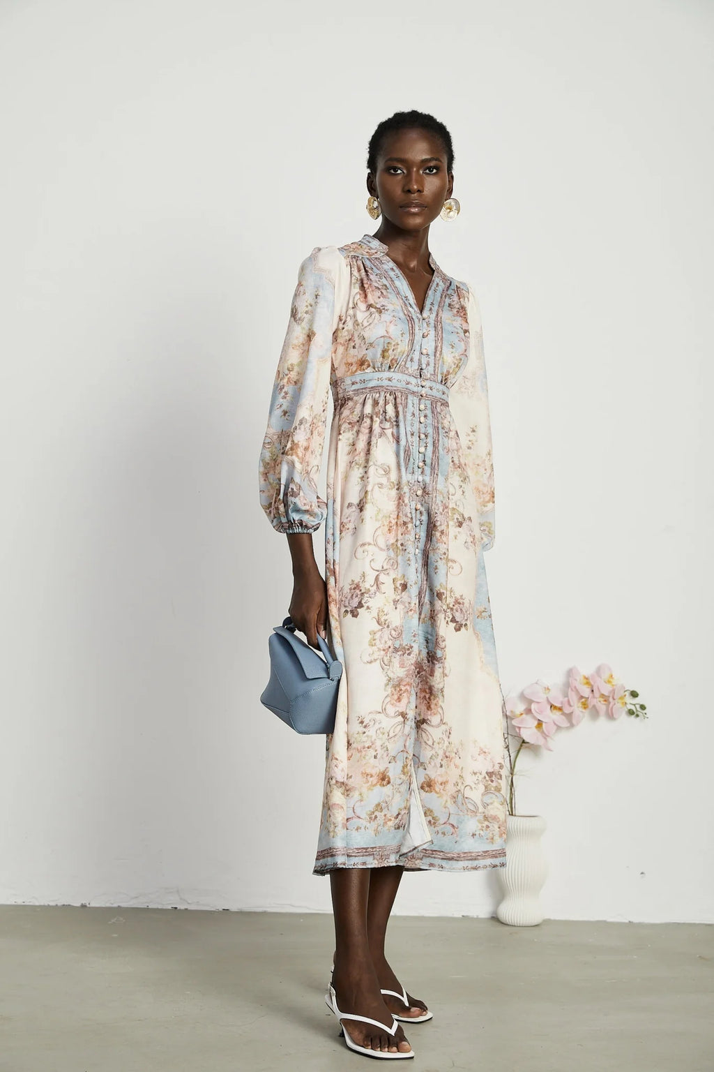 Rachel Floral Print Midi Dress in Neutrals & Light Blue