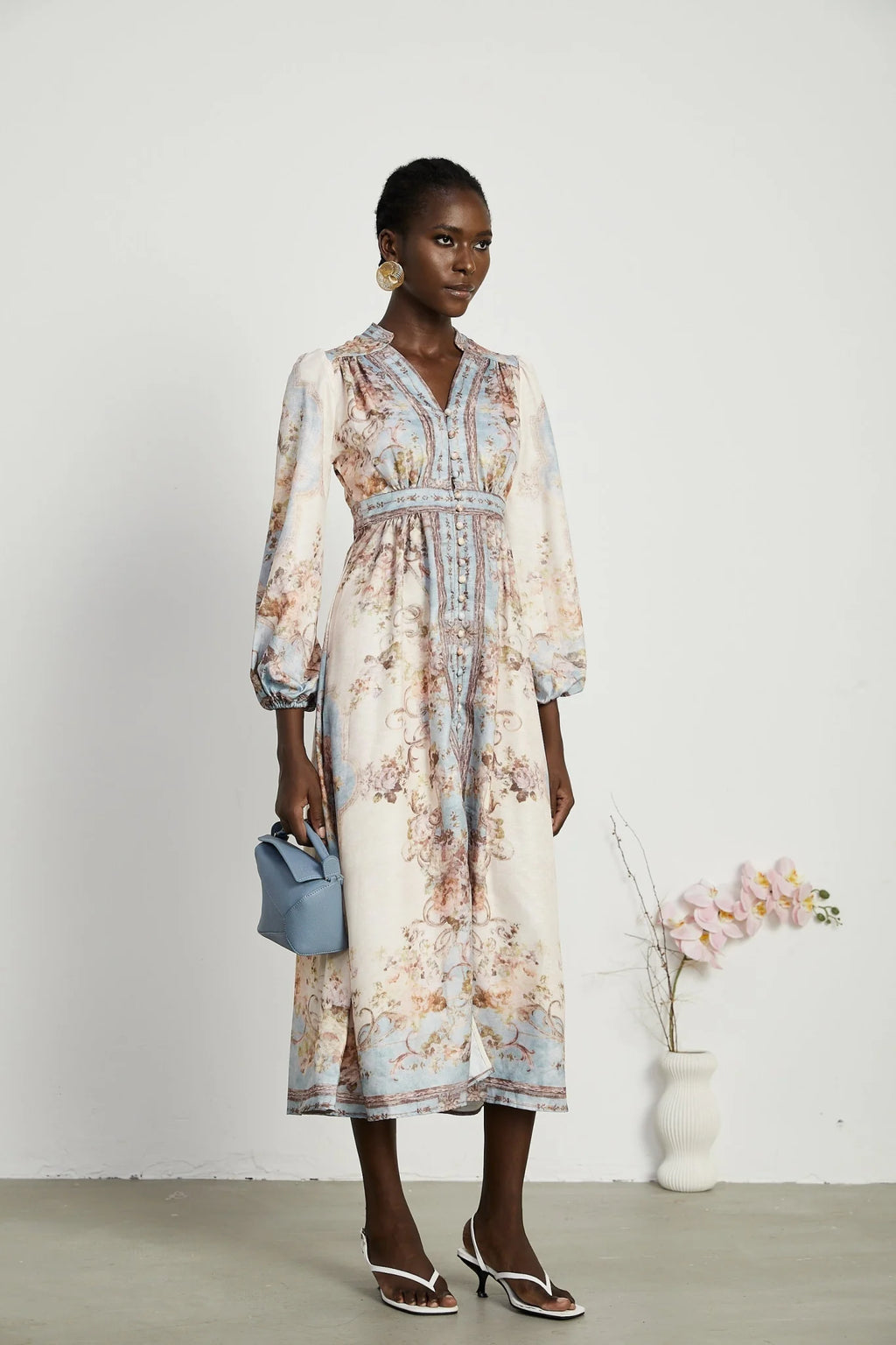 Rachel Floral Print Midi Dress in Neutrals & Light Blue
