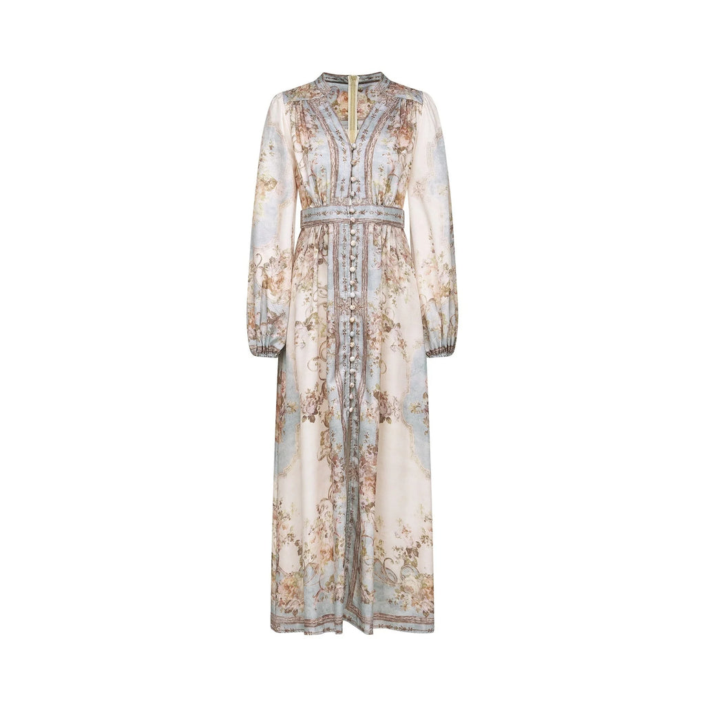Rachel Floral Print Midi Dress in Neutrals & Light Blue