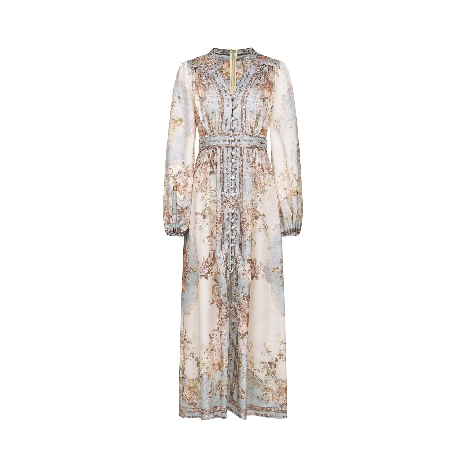 Rachel Floral Print Midi Dress in Neutrals & Light Blue
