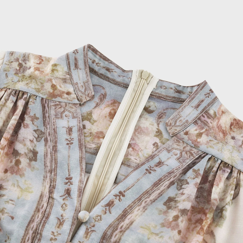 Rachel Floral Print Midi Dress in Neutrals & Light Blue