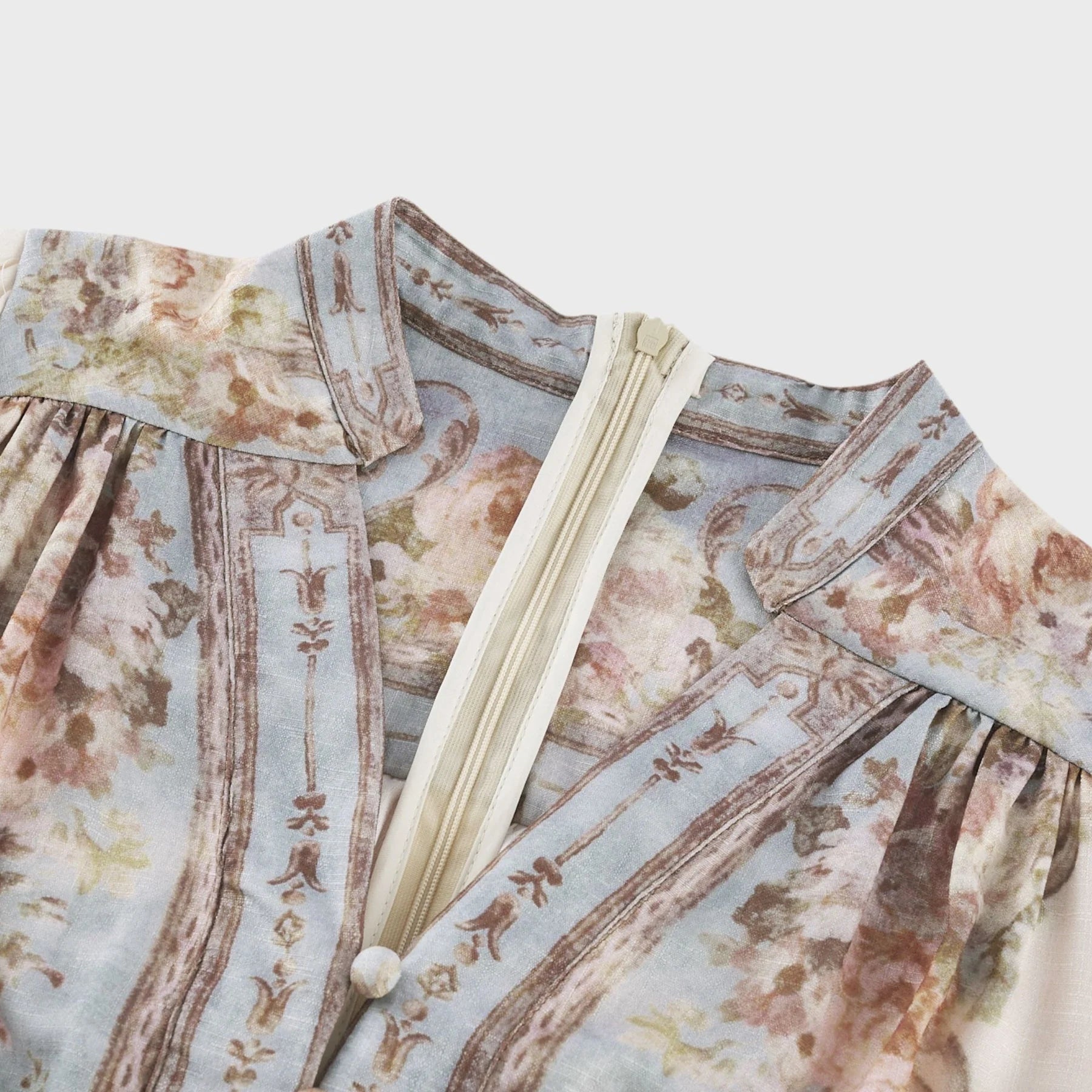 Rachel Floral Print Midi Dress in Neutrals & Light Blue