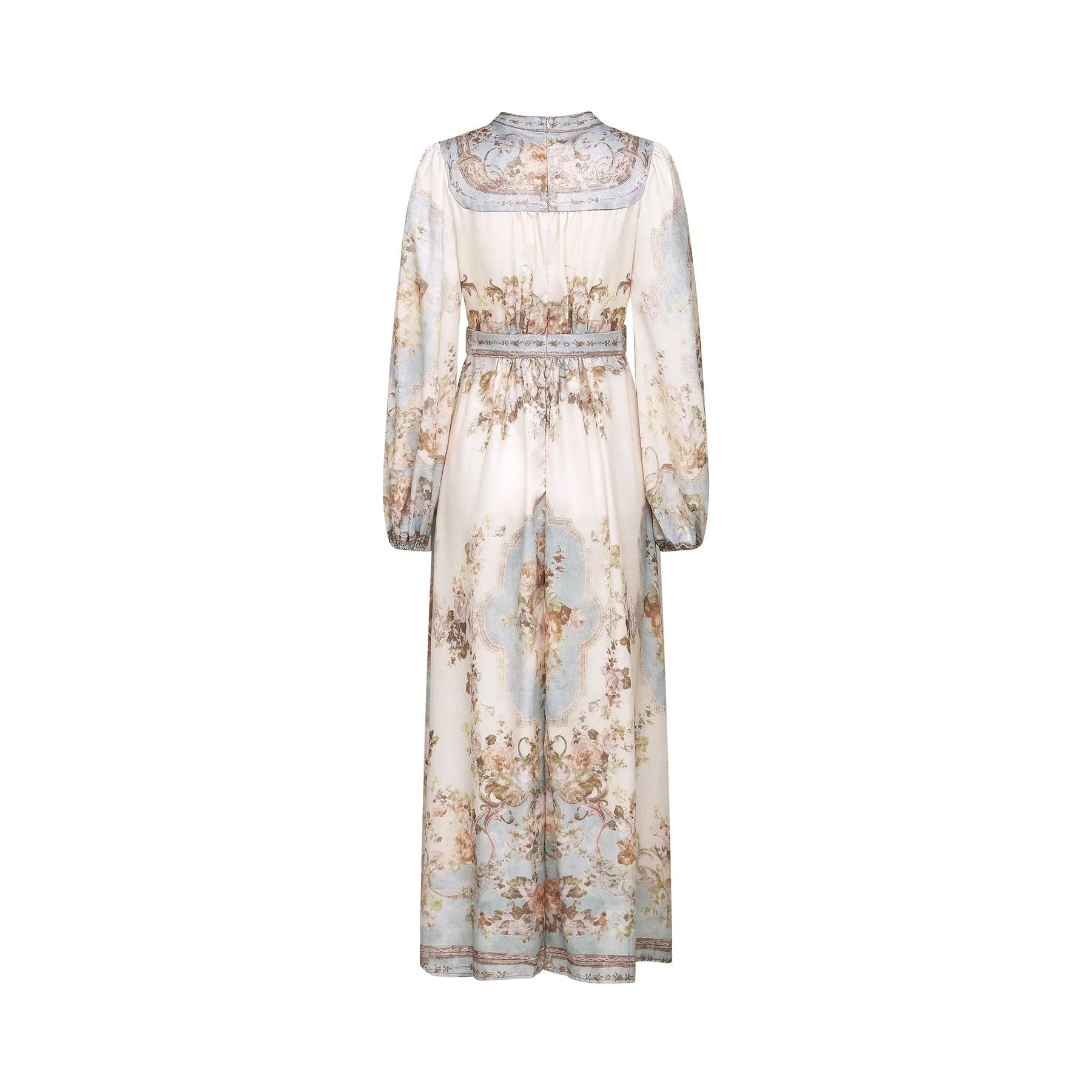 Rachel Floral Print Midi Dress in Neutrals & Light Blue