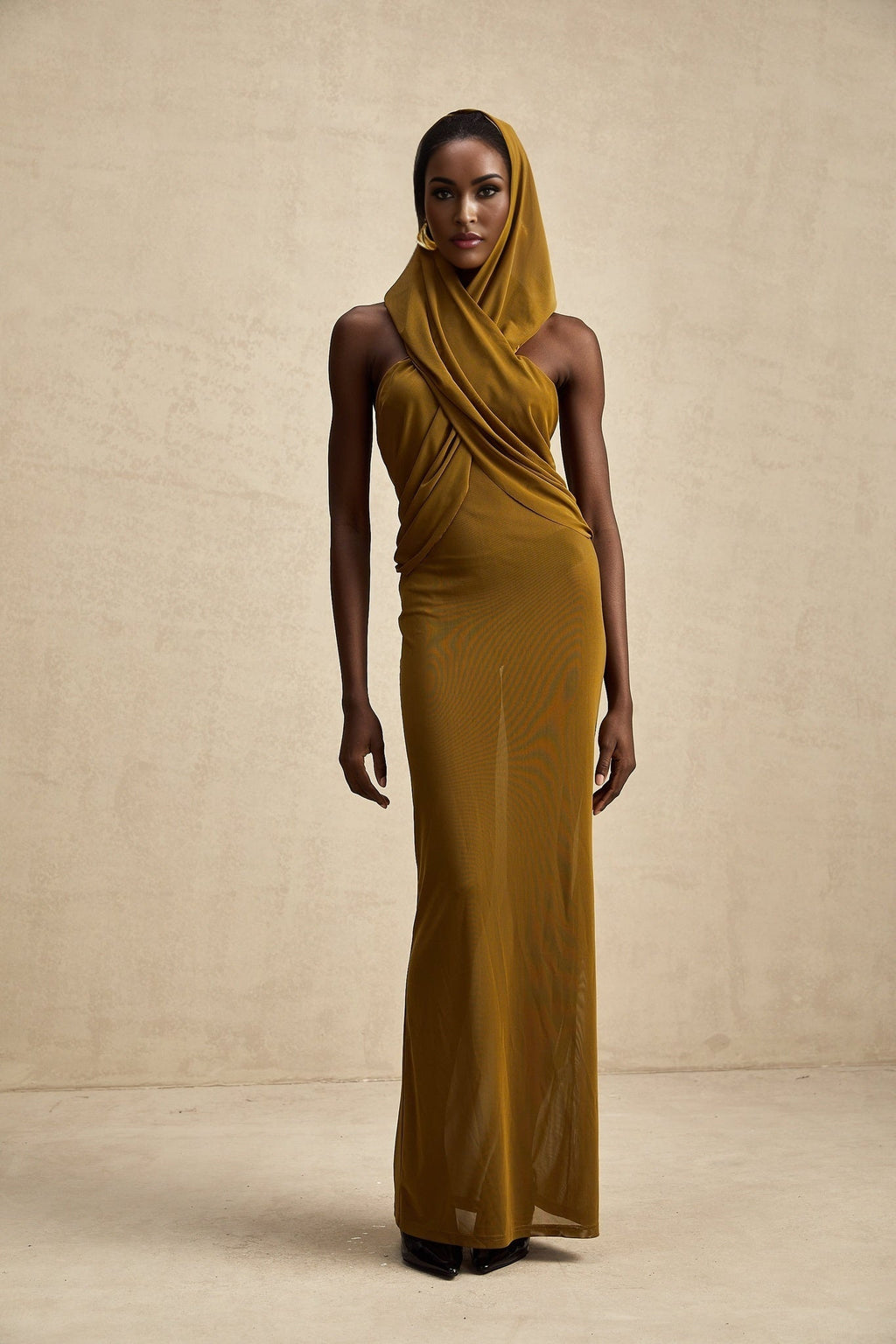 Rachel Maxi Dress in Vibrant Olive with Crossover Neck - Backless Design & Chic Hood