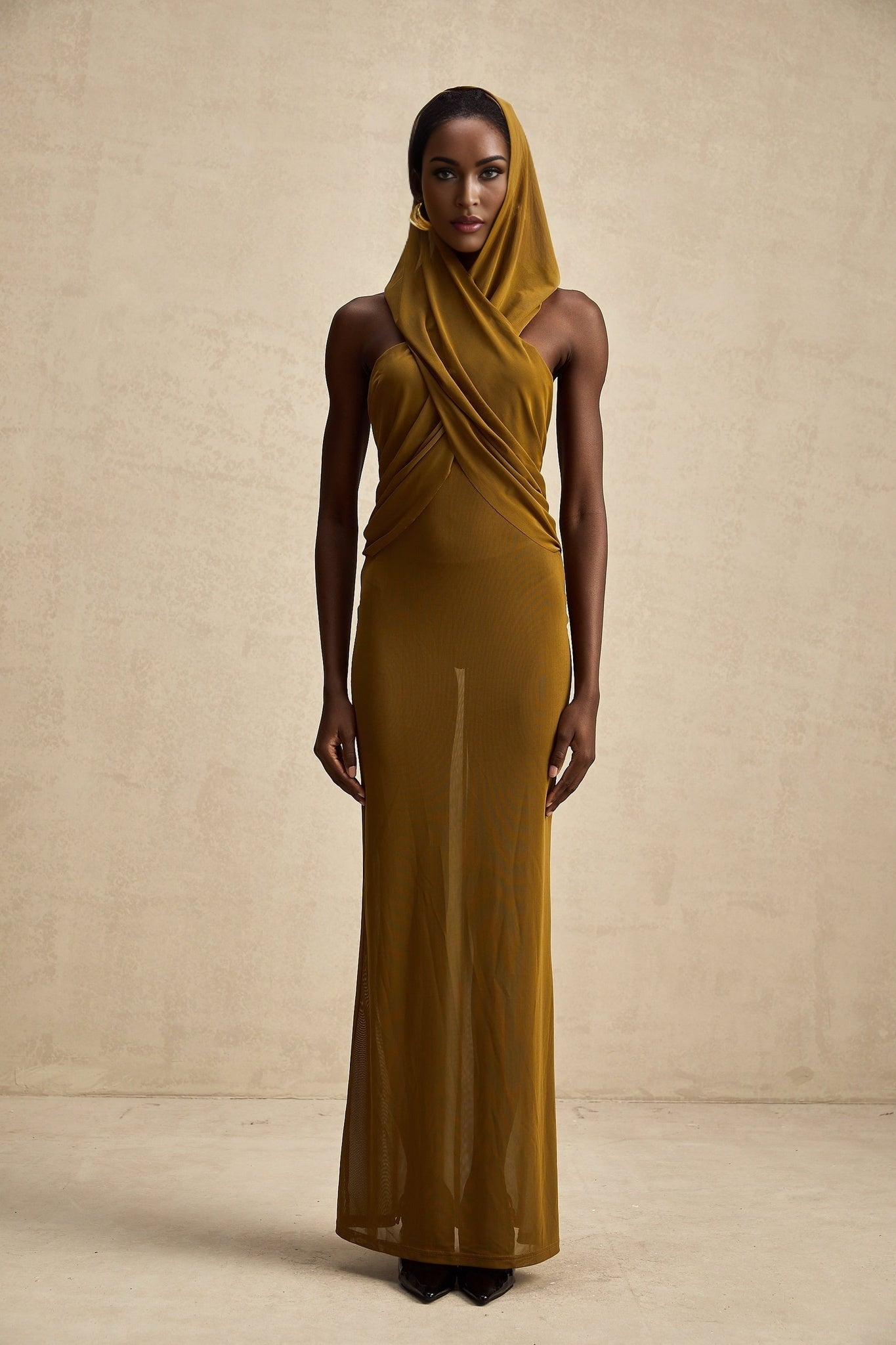 Rachel Maxi Dress in Vibrant Olive with Crossover Neck - Backless Design & Chic Hood