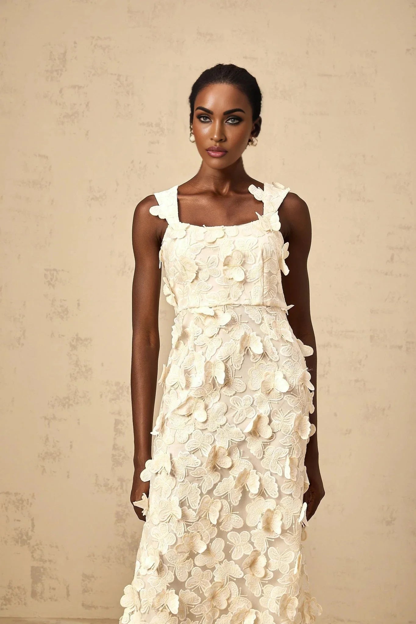 Rachel Midi Dress Butterfly - Appliqu Flared Neutrals