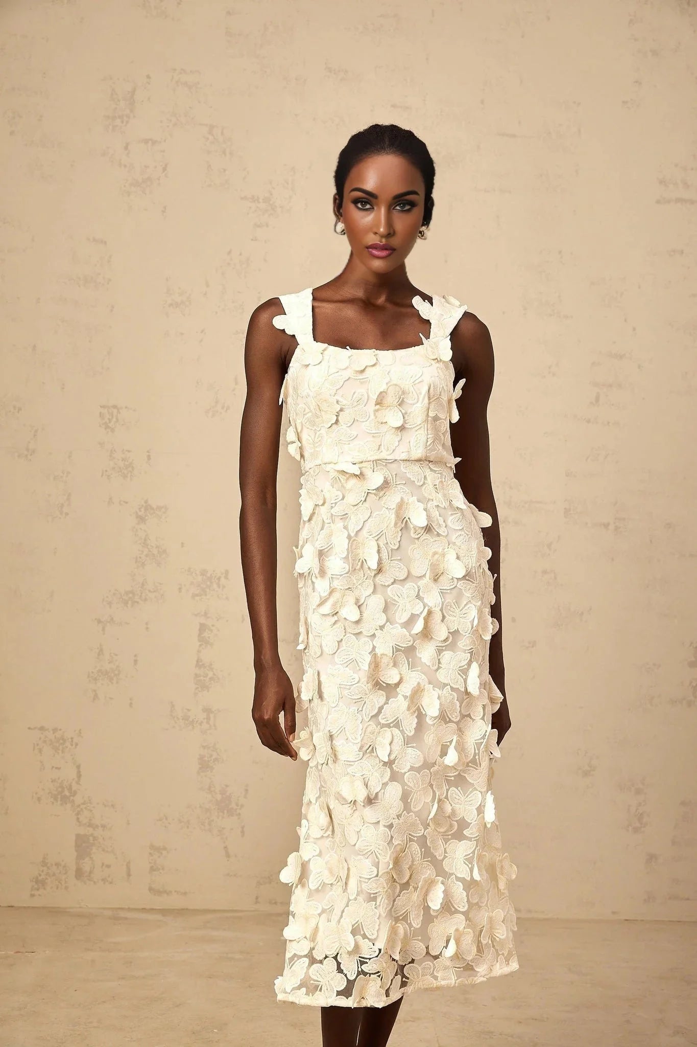 Rachel Midi Dress Butterfly - Appliqu Flared Neutrals