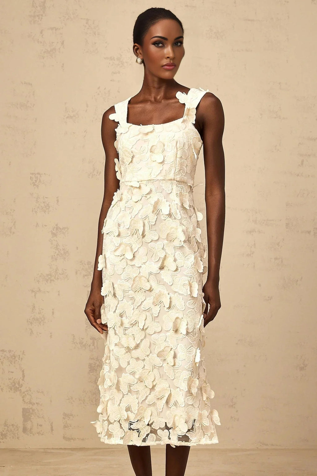 Rachel Midi Dress Butterfly - Appliqu Flared Neutrals