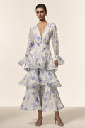 Rachel White Floral Maxi Dress with Deep-V Neckline and Flared Sleeves