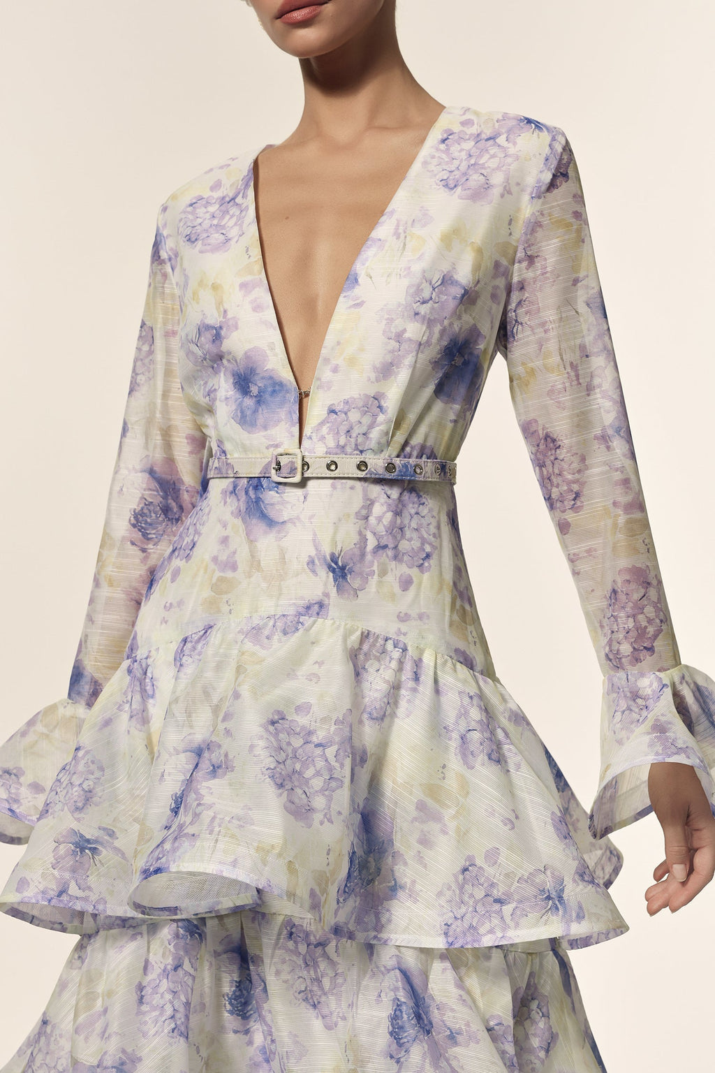 Rachel White Floral Maxi Dress with Deep-V Neckline and Flared Sleeves