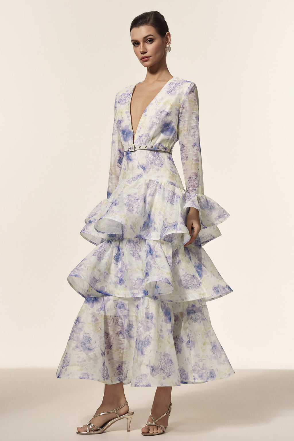 Rachel White Floral Maxi Dress with Deep-V Neckline and Flared Sleeves