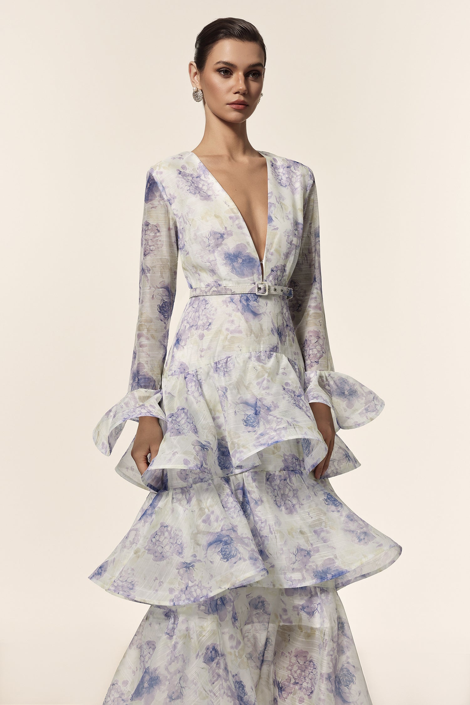 Rachel White Floral Maxi Dress with Deep-V Neckline and Flared Sleeves for Women