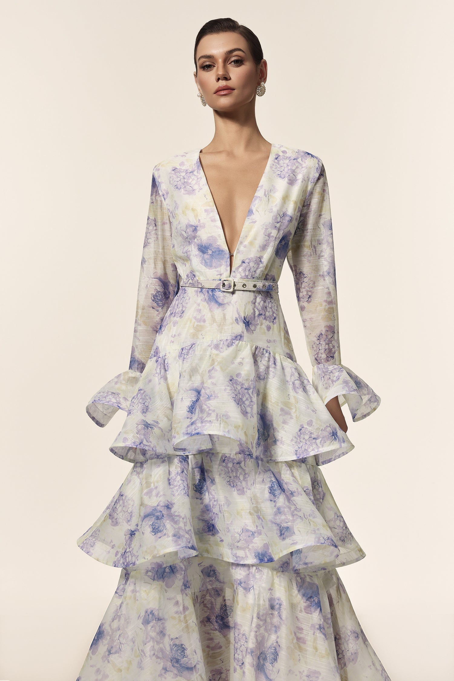 Rachel White Floral Maxi Dress with Deep-V Neckline and Flared Sleeves