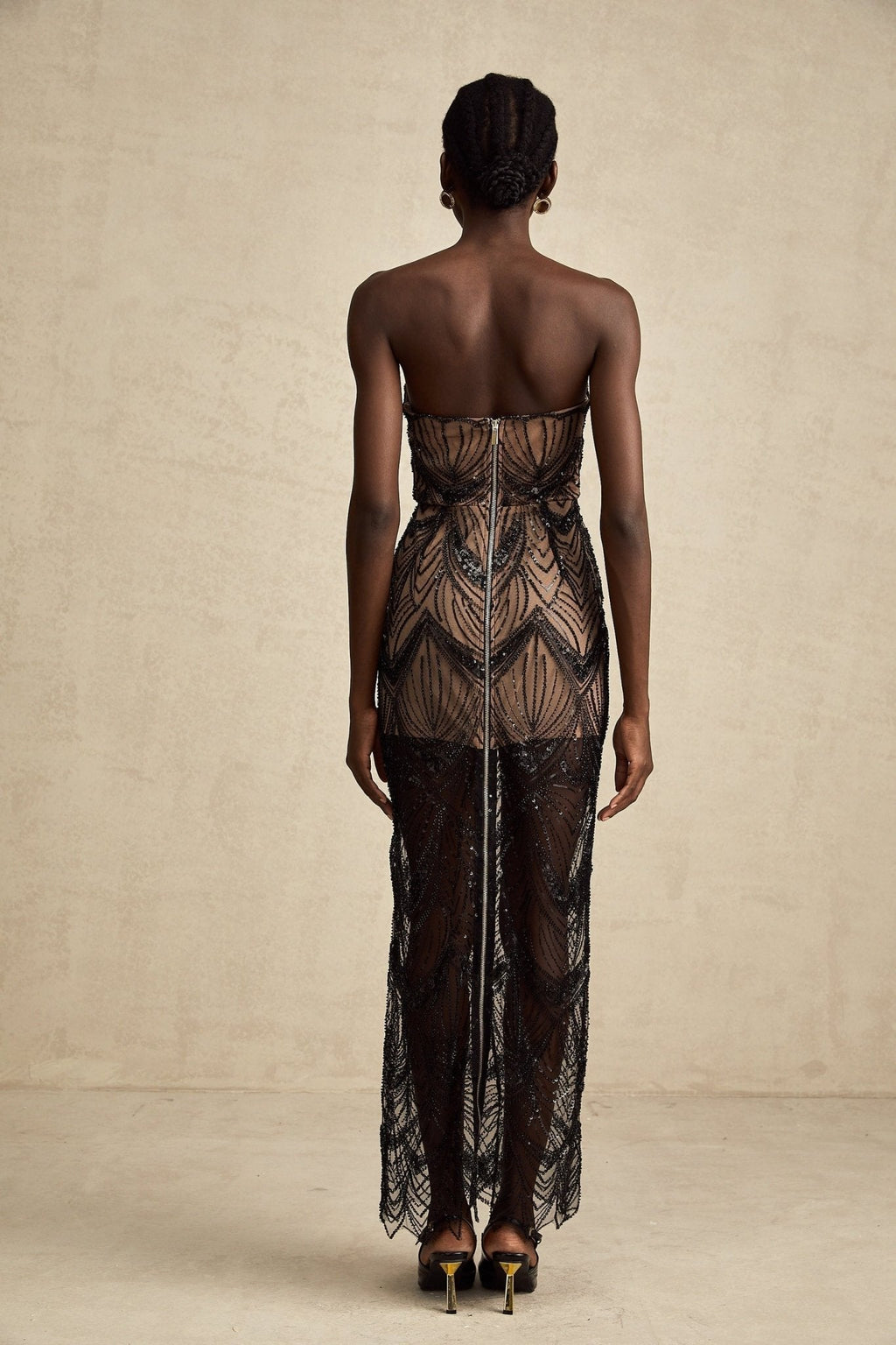 Raegan Maxi Dress - Strapless Black Corset with Sequins - Beads & Mesh Overlay