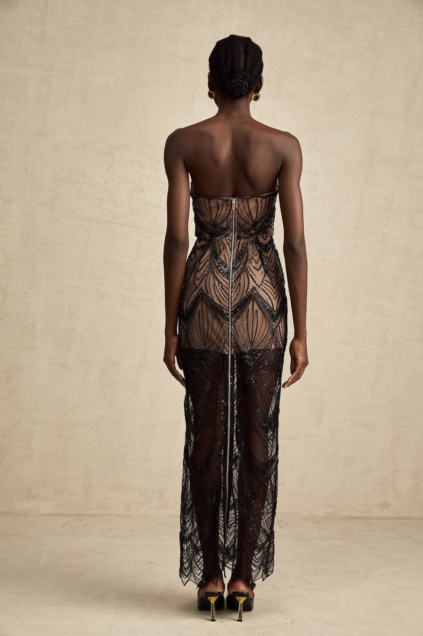 Raegan Maxi Dress - Strapless Black Corset with Sequins - Beads & Mesh Overlay