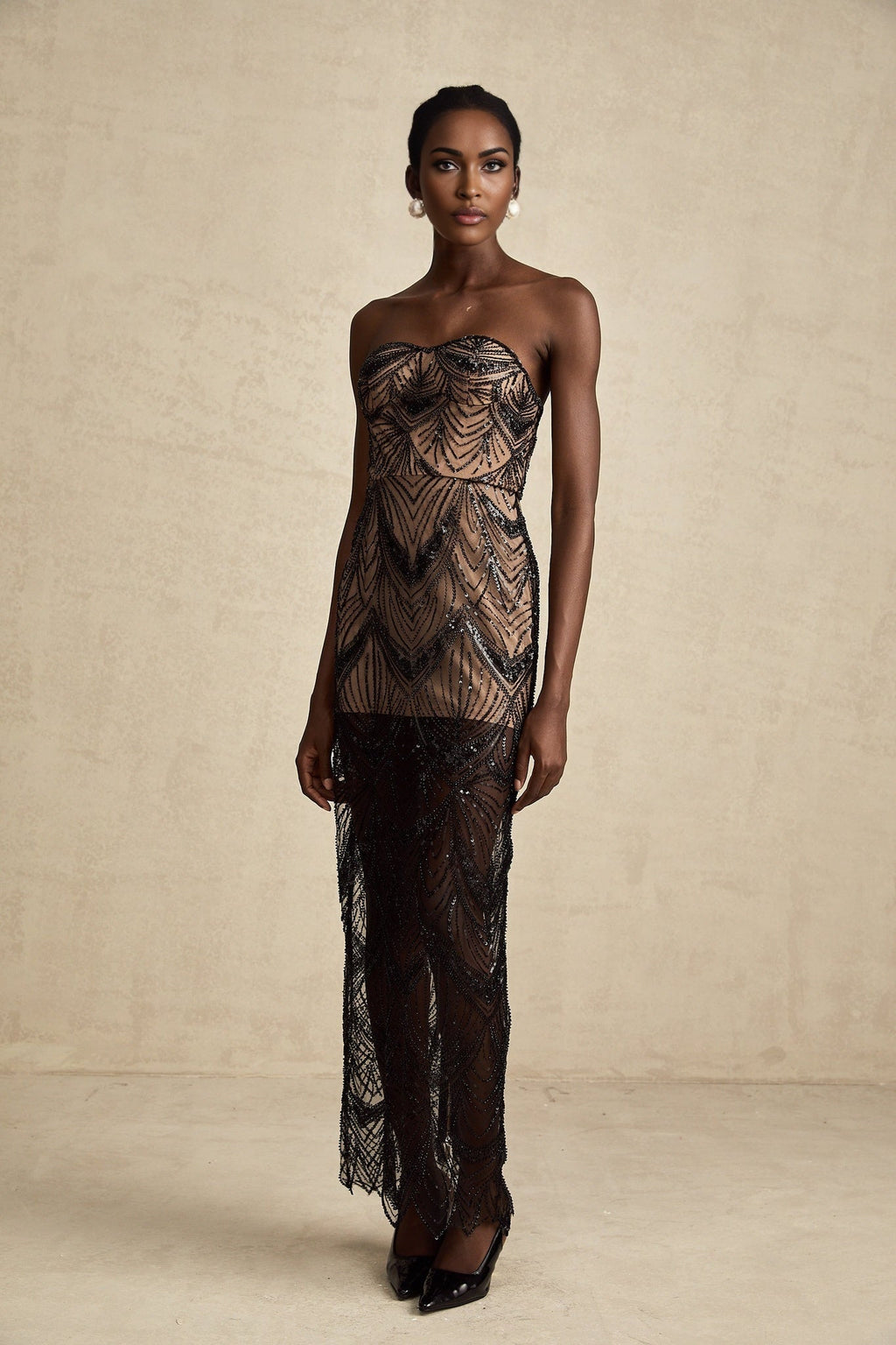 Raegan Maxi Dress - Strapless Black Corset with Sequins - Beads & Mesh Overlay