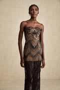 Raegan Maxi Dress - Strapless Black Corset with Sequins - Beads & Mesh Overlay