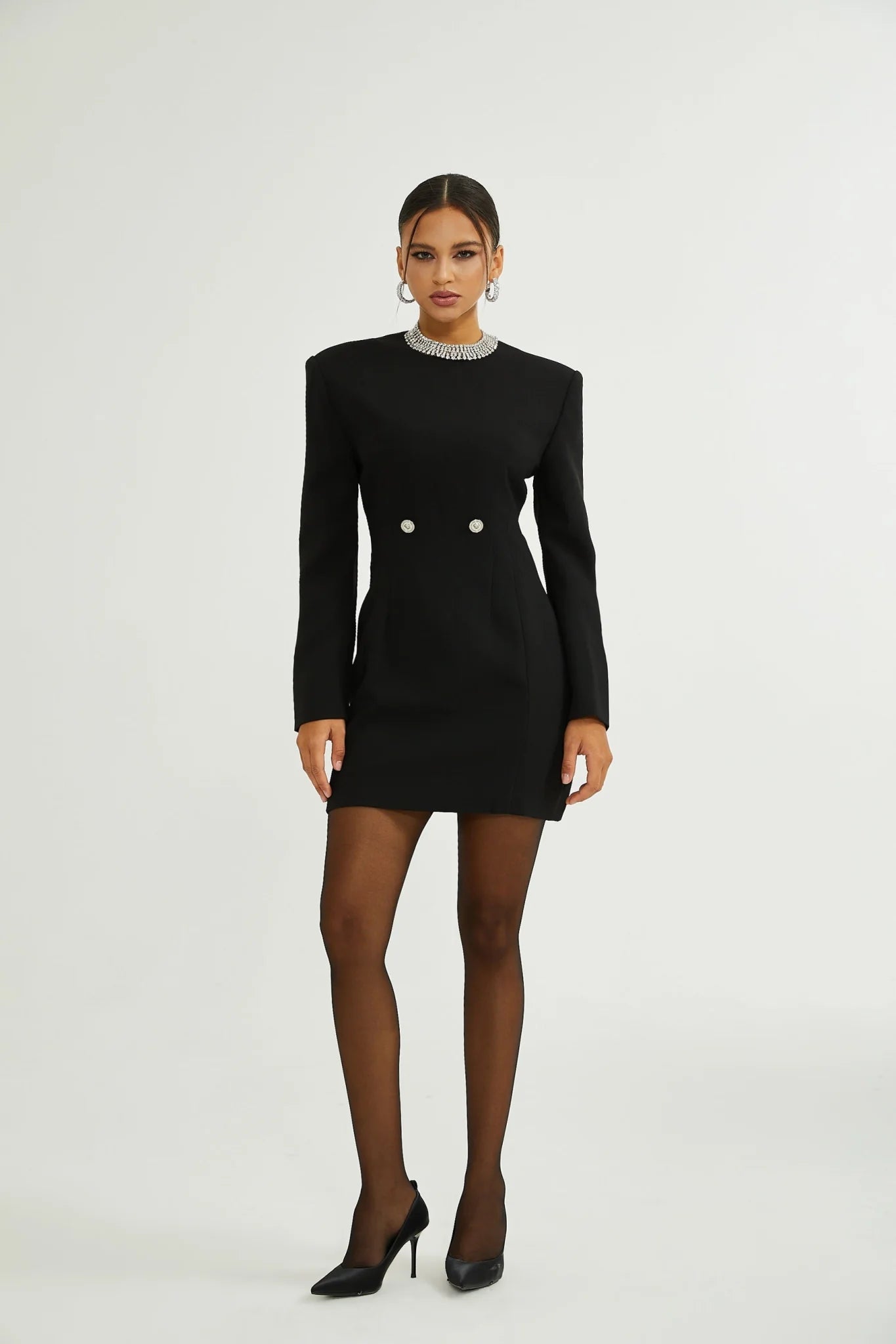Raegan Mini Dress Black Shoulder Pad Buckle Detailing
