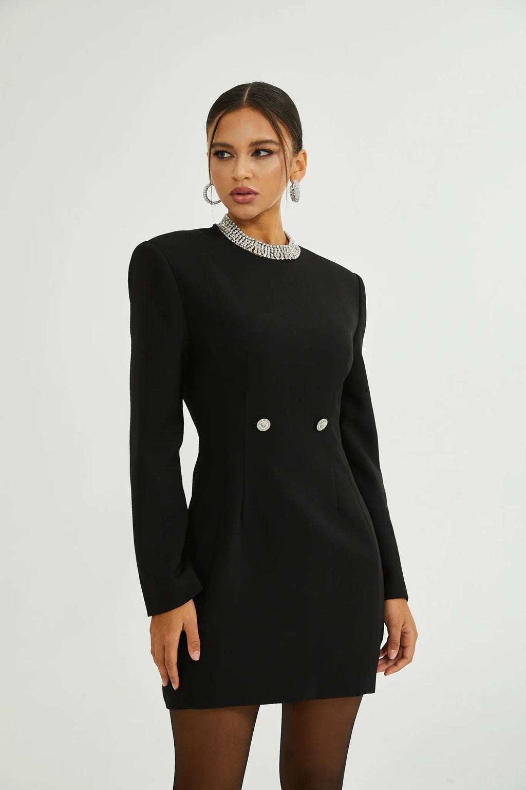 Raegan Mini Dress Black Shoulder Pad Buckle Detailing