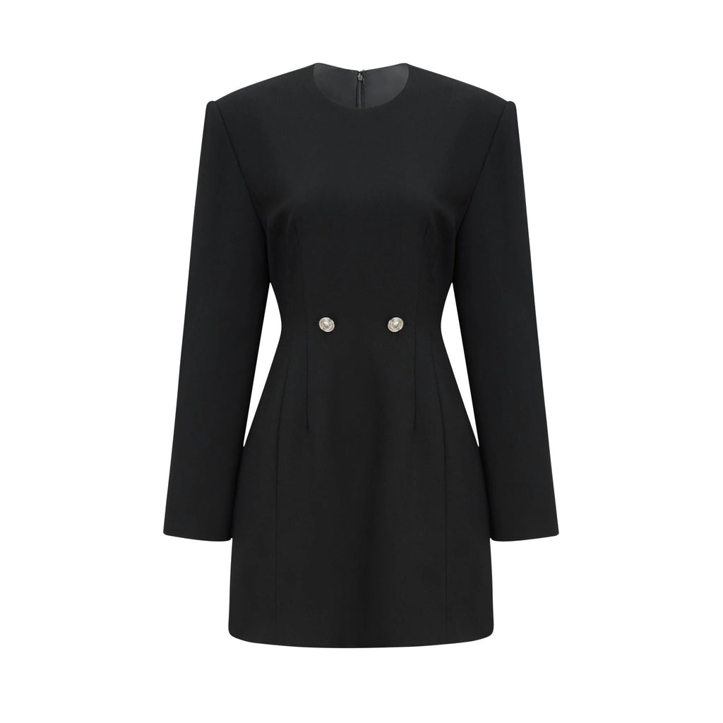 Raegan Mini Dress Black Shoulder Pad Buckle Detailing