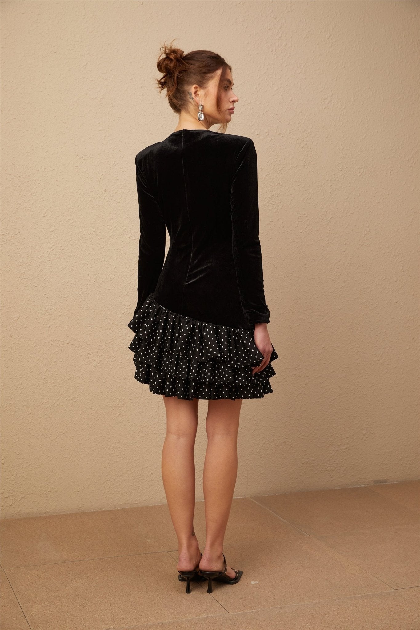 Raegan Mini Dress Black Velvet Polka Dot Ruffled & Panel