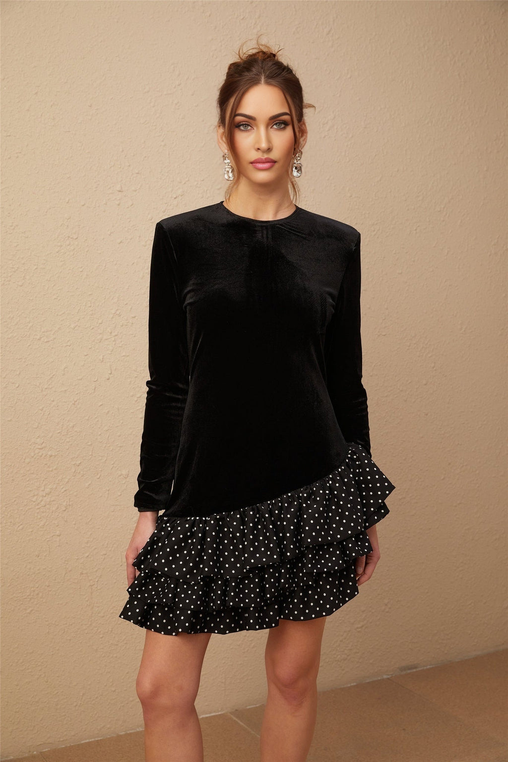 Raegan Mini Dress Black Velvet Polka Dot Ruffled & Panel