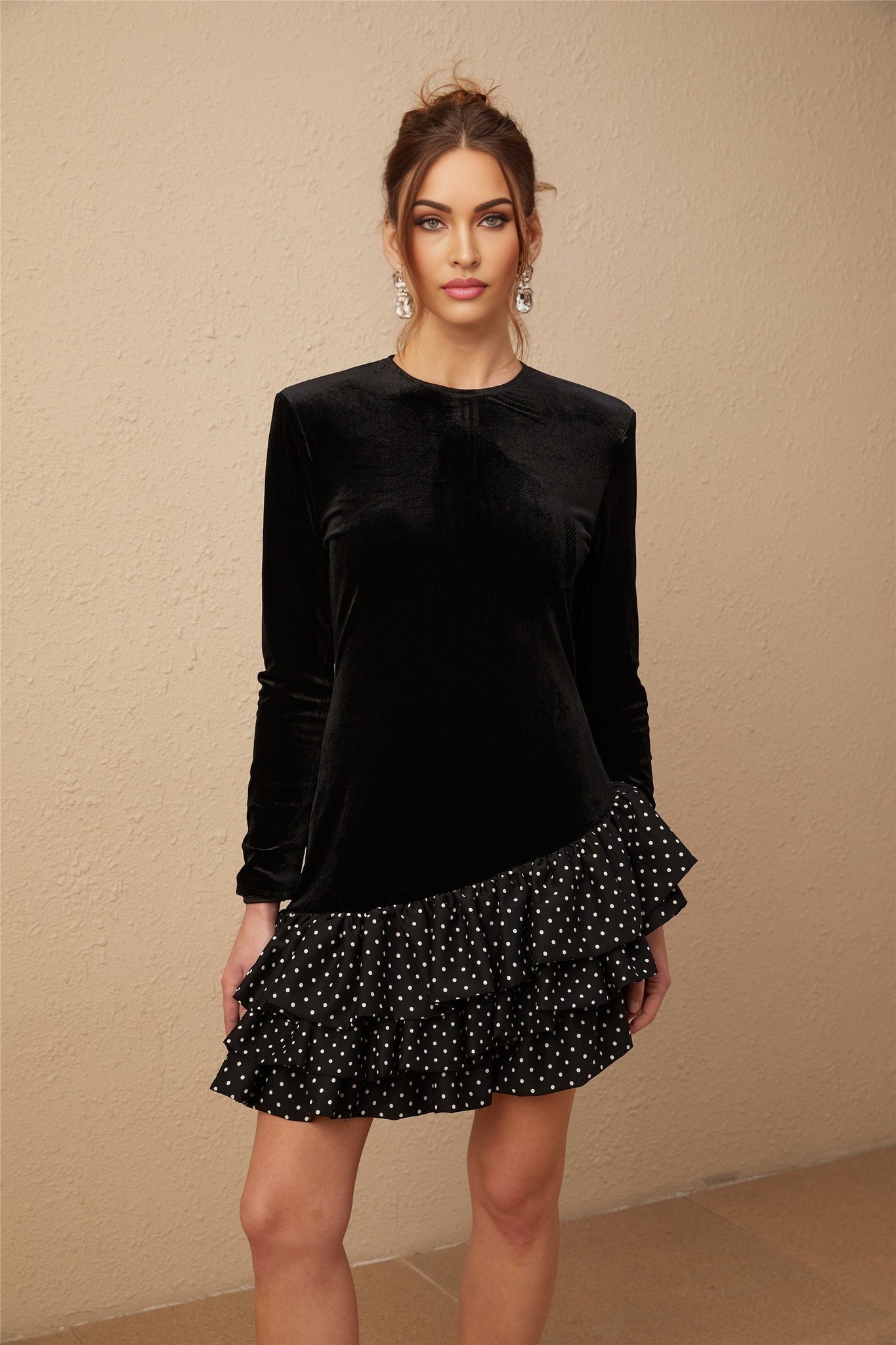 Raegan Mini Dress Black Velvet Polka Dot Ruffled & Panel