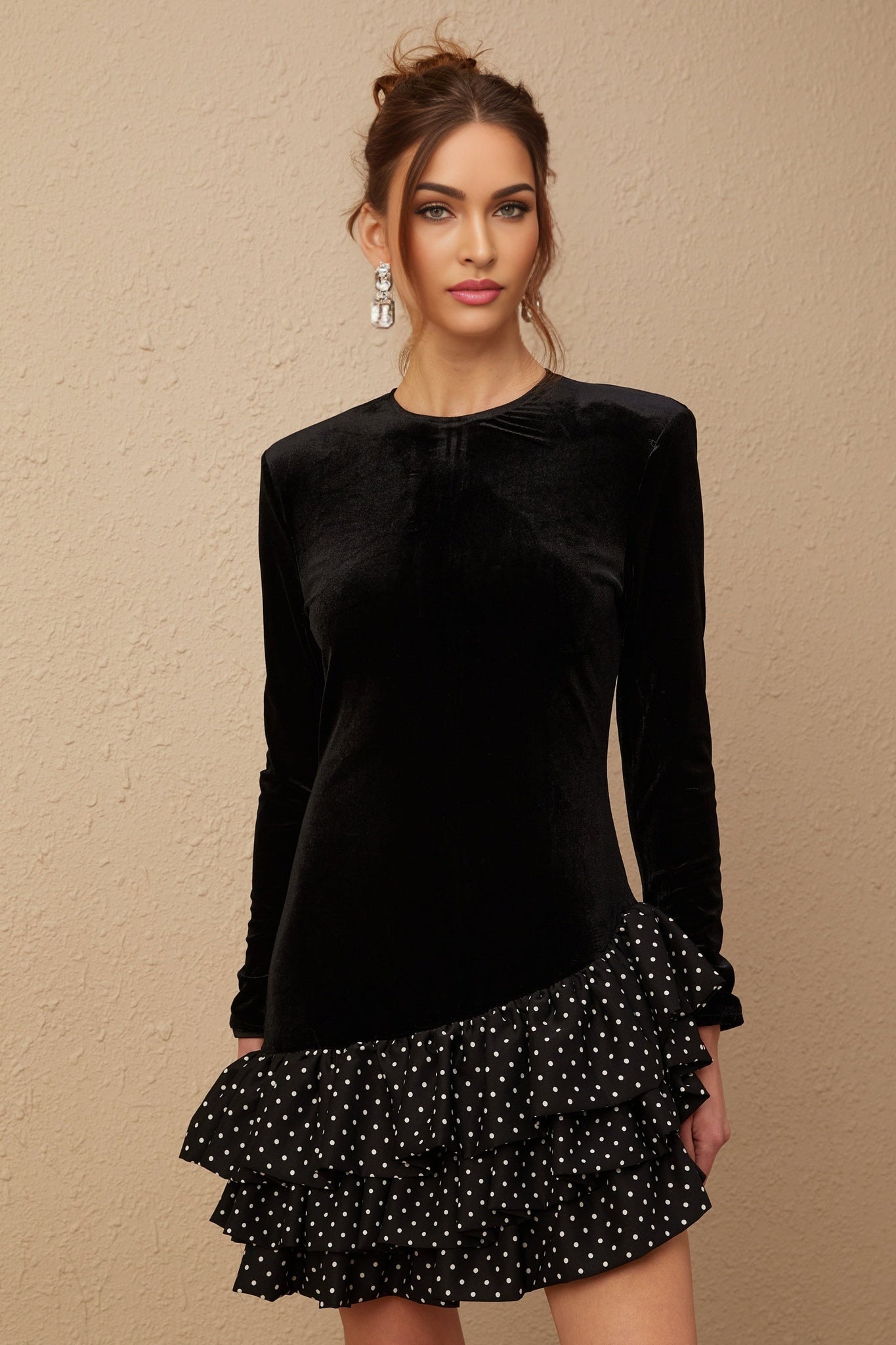 Raegan Mini Dress Black Velvet Polka Dot Ruffled & Panel