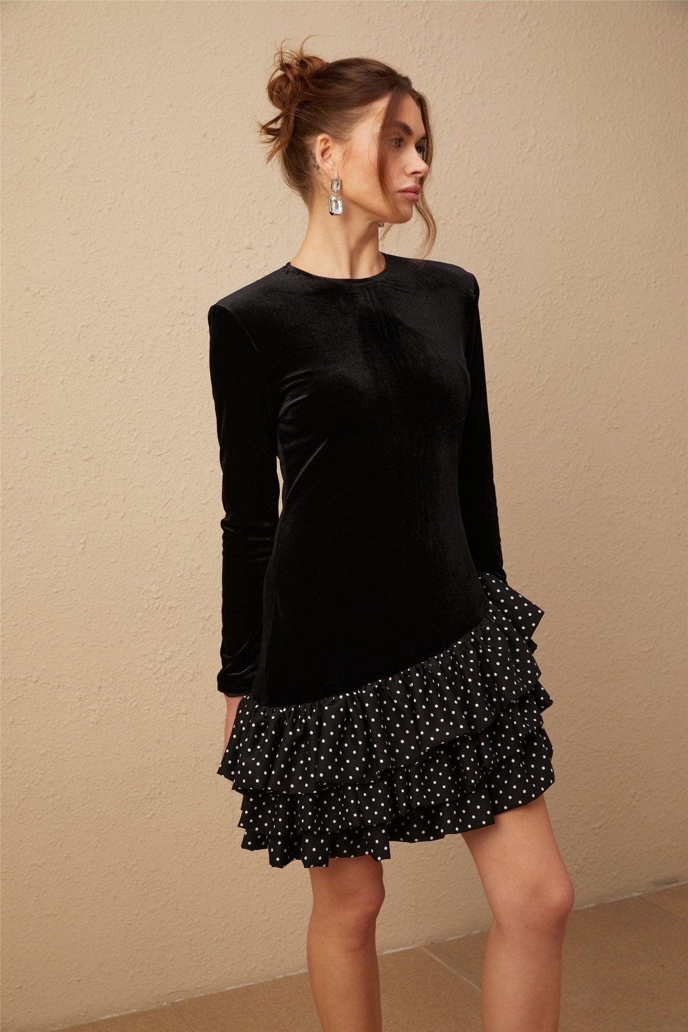 Raegan Mini Dress Black Velvet Polka Dot Ruffled & Panel