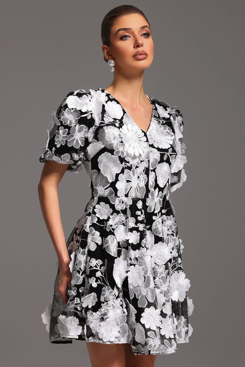 Raffaela Black Floral Mini Dress V-Neck Puff Sleeves Flared Skirt