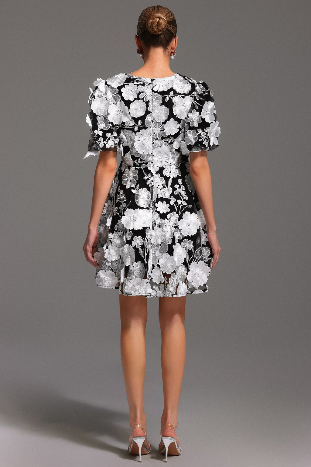 Raffaela Black Floral V-Neck Mini Dress Puff Sleeves Flared Skirt