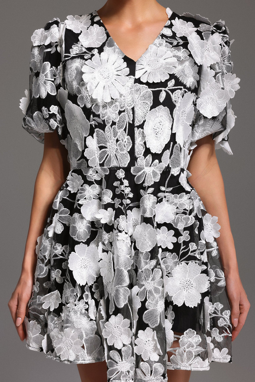 Raffaela Black Floral Mini Dress V-neck Puff Sleeves Flared Skirt