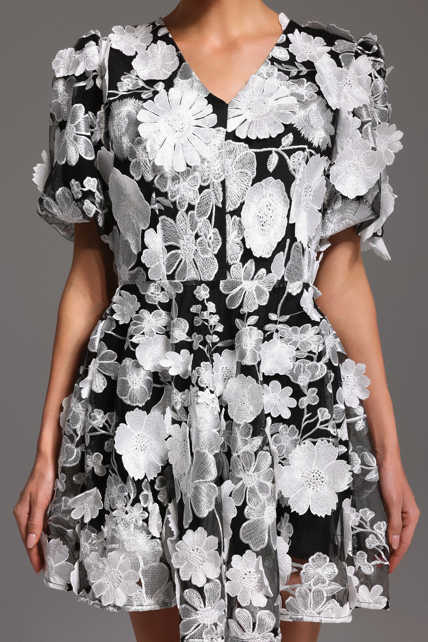 Raffaela Black Floral Mini Dress V-neck Puff Sleeves Flared Skirt