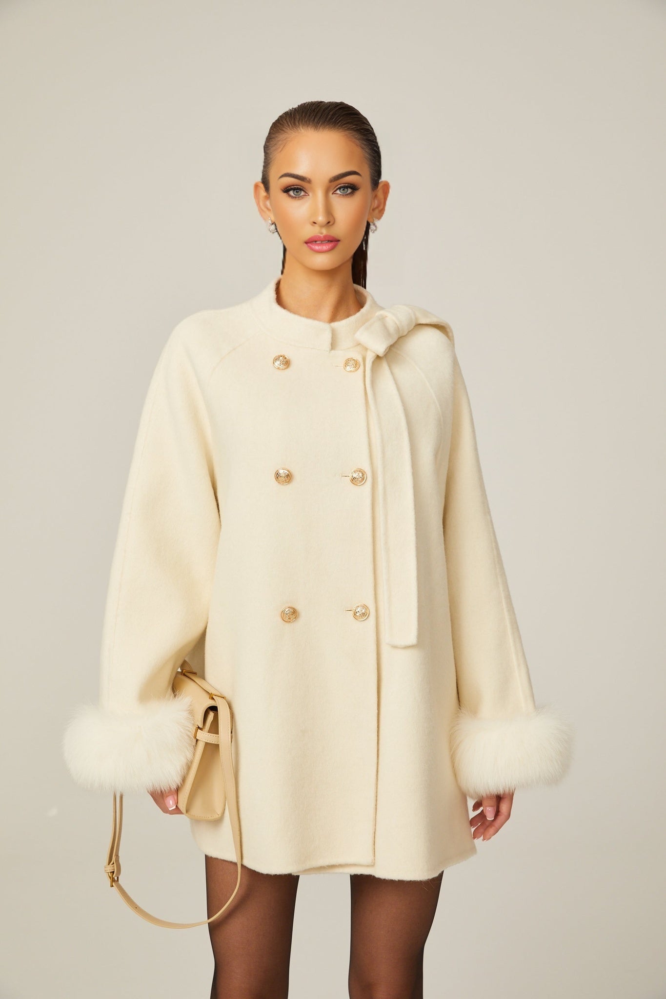 Raffaela Coat White Wool Fur Bowknot & Faux Fur