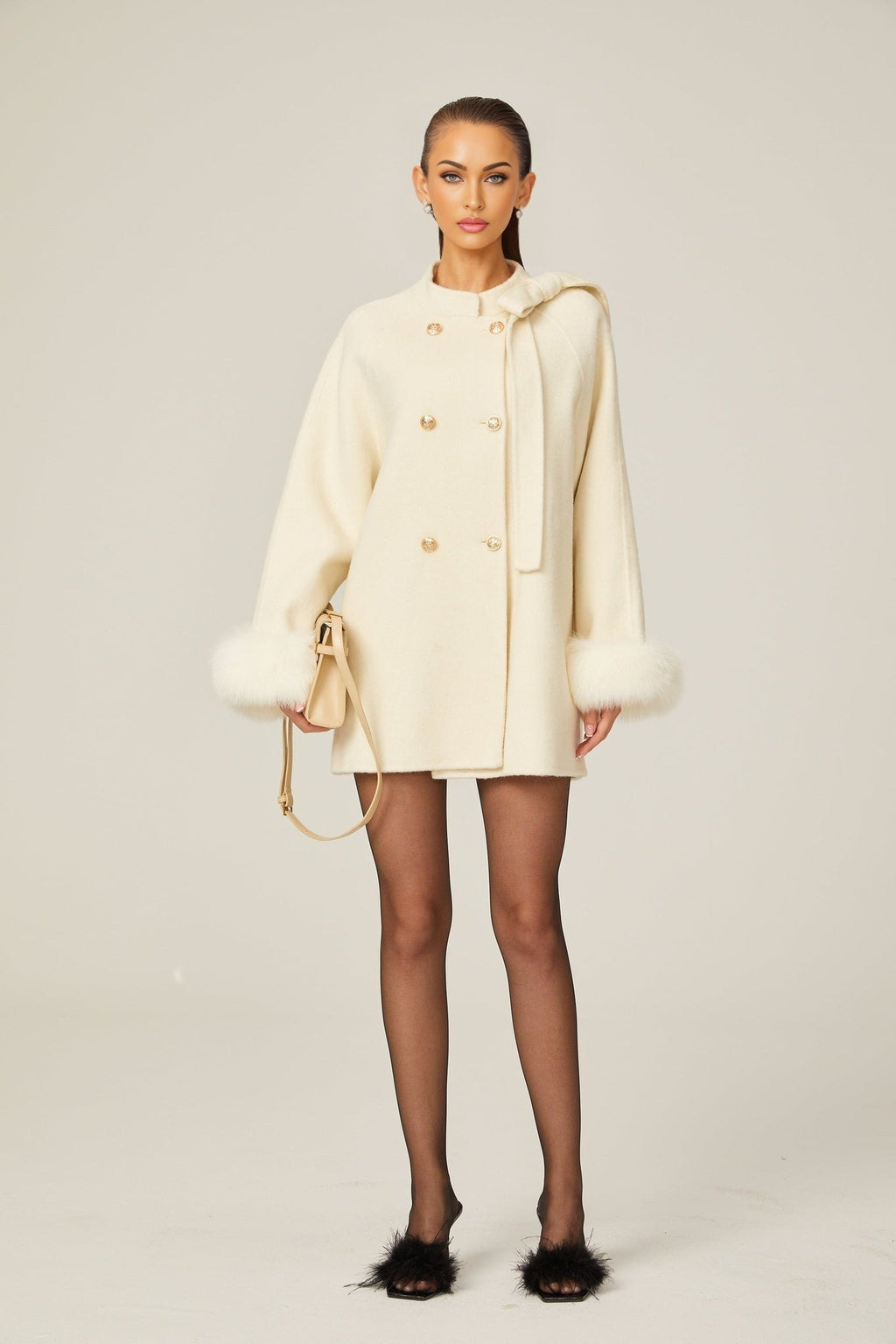 Raffaela Coat White Wool Fur Bowknot & Faux Fur