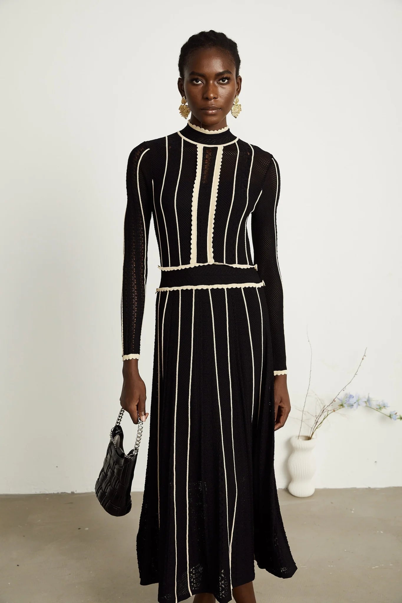 Raffaelina Maxi Dress in Black & White with Vertical Stripes - Netted Design