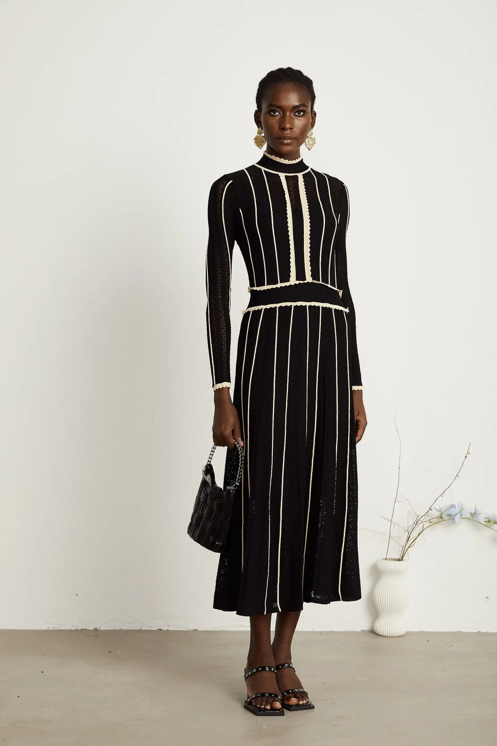 Raffaelina Maxi Dress in Black & White with Vertical Stripes - Netted Design
