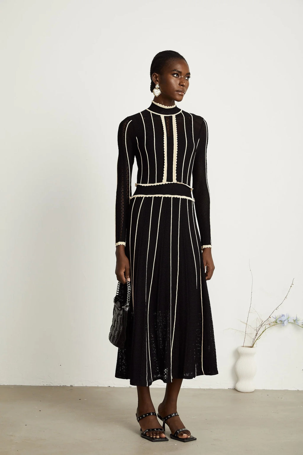 Raffaelina Maxi Dress in Black & White with Vertical Stripes - Netted Design