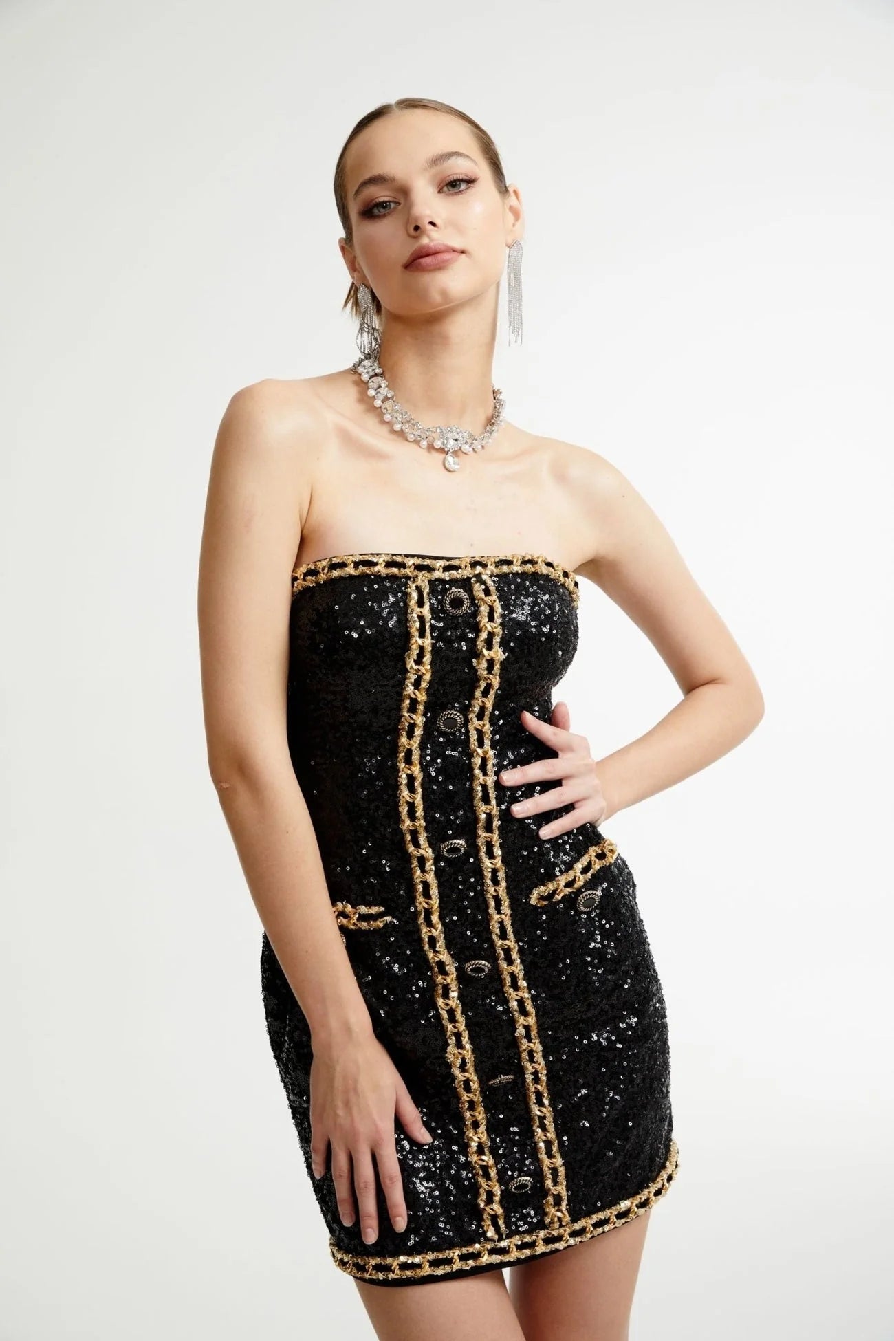 Raffaella Mini Dress Black Sequin Off Shoulder Panel
