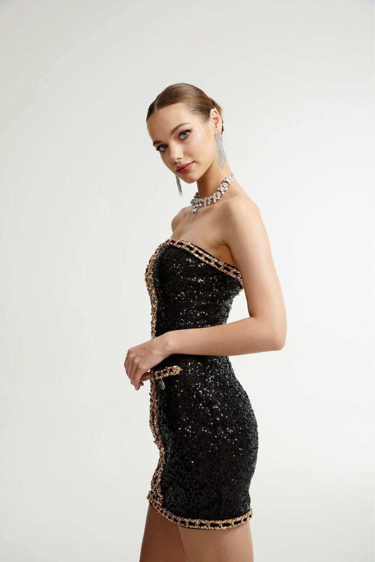 Raffaella Mini Dress Black Sequin Off Shoulder Panel