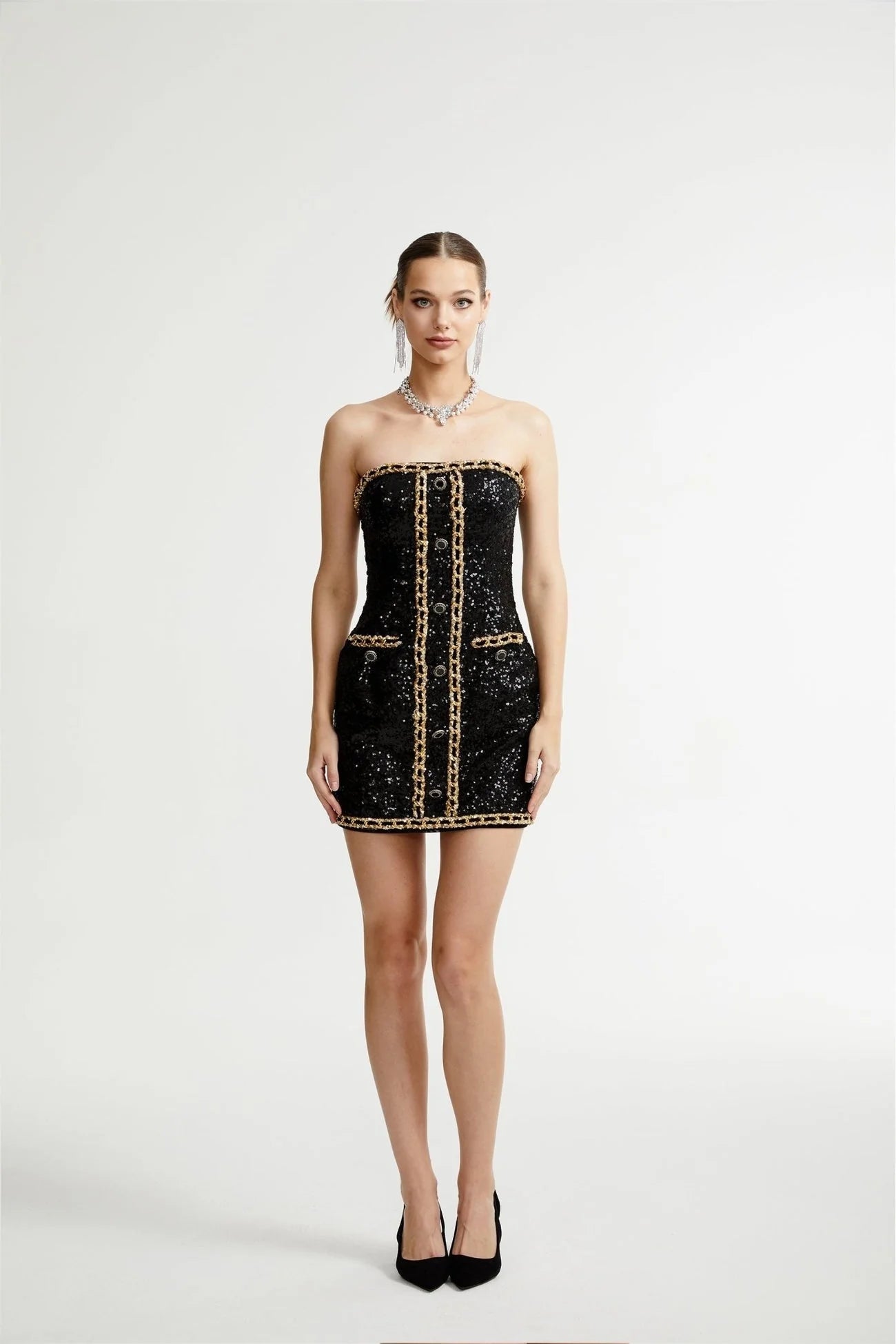 Raffaella Mini Dress Black Sequin Off Shoulder Panel